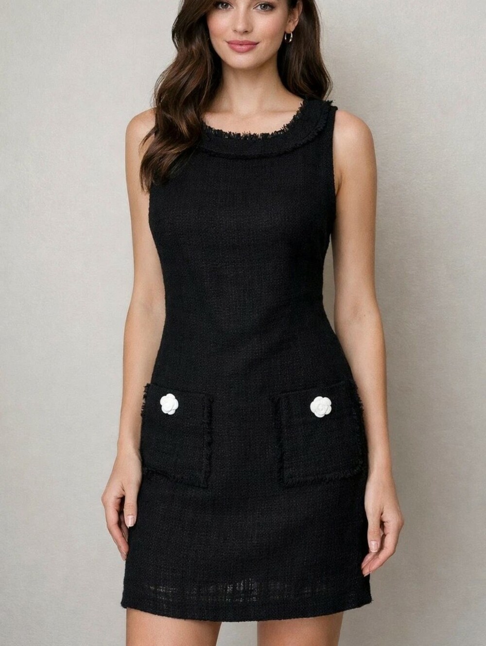 Karl Lagerfeld Paris Black Tweed Shift Dress – Size 16 xl Chic Demure Retro